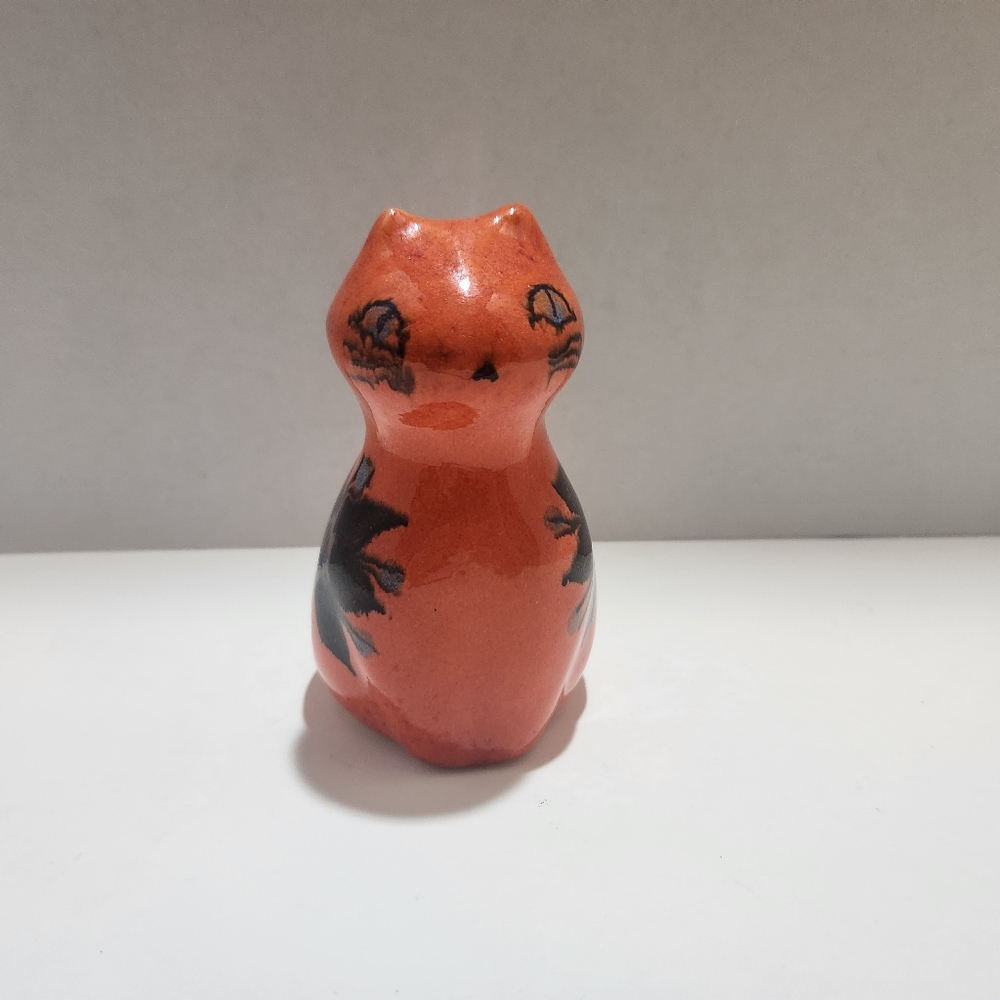 Hand-Painted Ceramic Cat Figurine – Vintage Orange with Floral Design